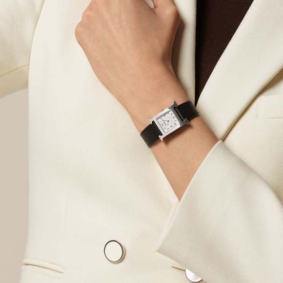 NWT Authentic Hermes Heure H watch, Small model, 25 mm Black w Sliver Hardware - Picture 2 of 7